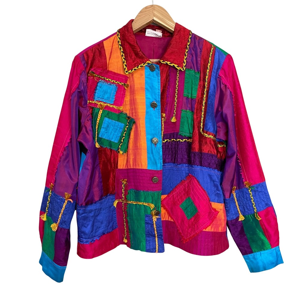 Patchwork Jacket Quilted Silk Blend Coat Rainbow Colorful Pattern Women Large